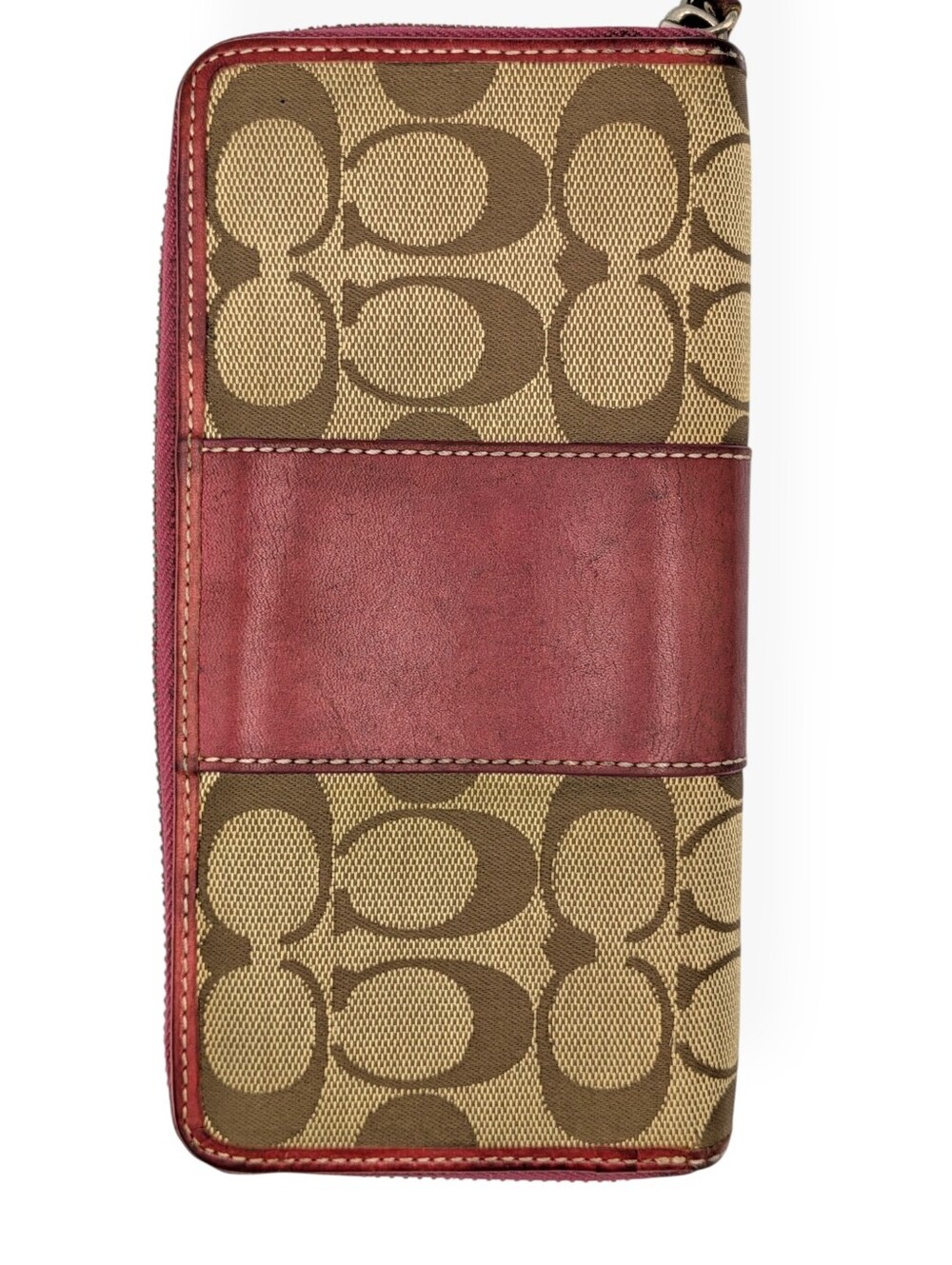 Coach Signature Canvas & Leather Wallet Burgundy Leather Zip Around Continental - Picture 3 of 16